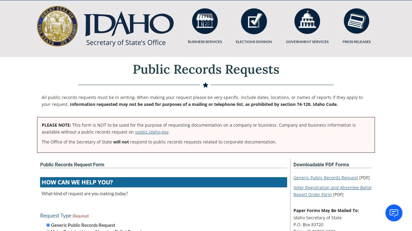 Public Records Requests – Idaho Secretary of State